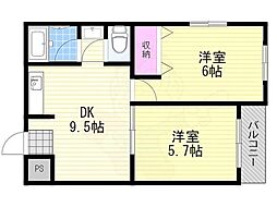 ササモトハイツ 2DKの間取図画像