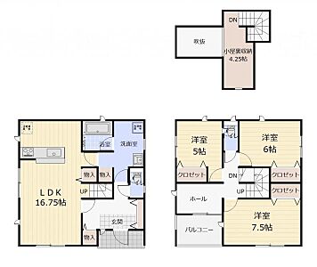 間取り：（1号棟間取）小屋裏収納付き！洗面室やリビング、玄関にも収納を設けた片付け上手になれるおうち*