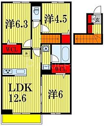 流鉄流山線 流山駅 徒歩12分の賃貸アパート 2階2LDKの間取り
