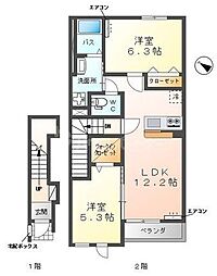 つくばエクスプレス 流山セントラルパーク駅 徒歩17分の賃貸アパート 2階2LDKの間取り