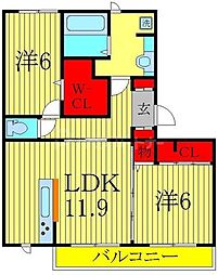 つくばエクスプレス 柏たなか駅 徒歩11分の賃貸アパート 1階2LDKの間取り