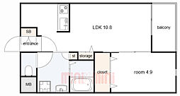 阪急神戸本線 西宮北口駅 徒歩12分の賃貸マンション 1階1LDKの間取り