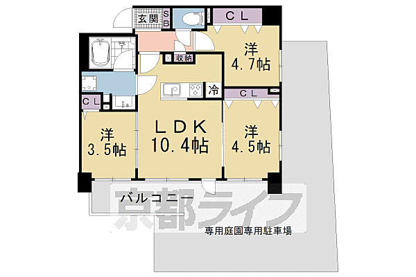 ブランシエスタ山科大塚 105｜京都府京都市山科区大塚中溝(賃貸マンション3LDK・1階・54.00㎡)の写真 その2