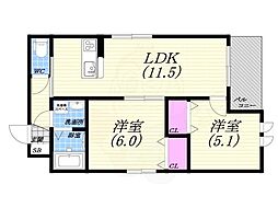 オーズ篠原中町 2LDKの間取図画像