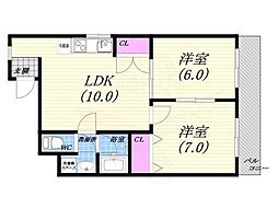 ハイツ南郷 2LDKの間取図画像
