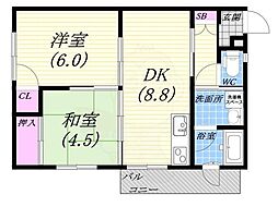 Yaore甲子園 2DKの間取図画像