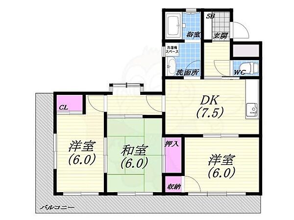 兵庫県西宮市桜谷町(賃貸マンション3DK・3階・60.00㎡)の写真 その2