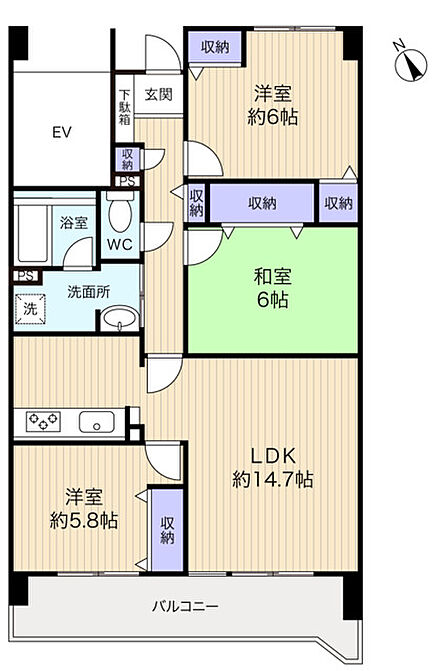 専有面積74.56? 南西向き3LDK