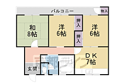 京都地下鉄東西線 石田駅 徒歩13分の賃貸マンション 2階3DKの間取り