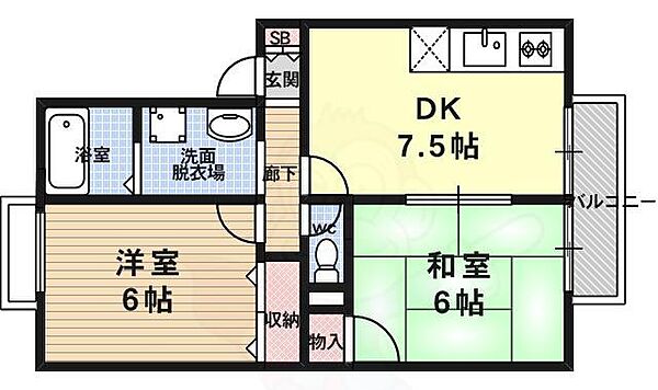 セジュールパル 202｜京都府京都市西京区上桂北ノ口町(賃貸アパート2DK・2階・45.50㎡)の写真 その2