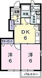 サンパティークB 1階2DKの間取り