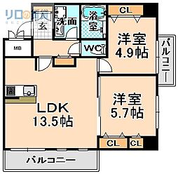 CRYSTA荒牧 2LDKの間取図画像