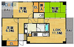 グリーンウェル宝塚B棟 3LDKの間取図画像