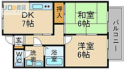 売布ハイツ 2DKの間取図画像
