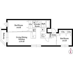 グランパセオ代々木上原II 1階2LDKの間取り