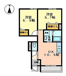 パークサイドヴィラ御里A 2DKの間取図画像