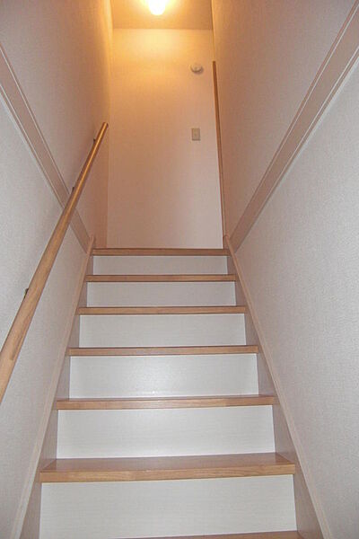 テラスハウスならではの室内階段。手摺付。