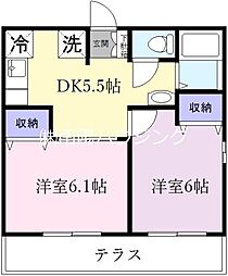 プルミエイッセン 1階2DKの間取り