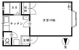 マーセル館野 2階1Kの間取り