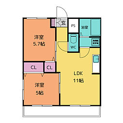 南台ハイツ 3階2LDKの間取り