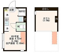 ハーモニーテラス富士見台III 1階ワンルームの間取り