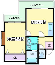 オークコート殿辻 1DKの間取図画像