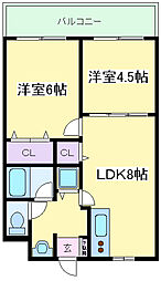 オークコート殿辻 2DKの間取図画像