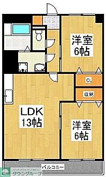 西武新宿線 東村山駅 徒歩5分の賃貸マンション 4階2LDKの間取り