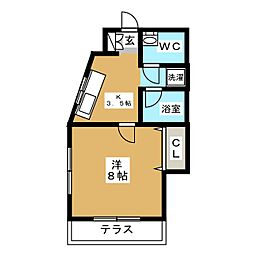 コーポウォッセ1 2階1Kの間取り