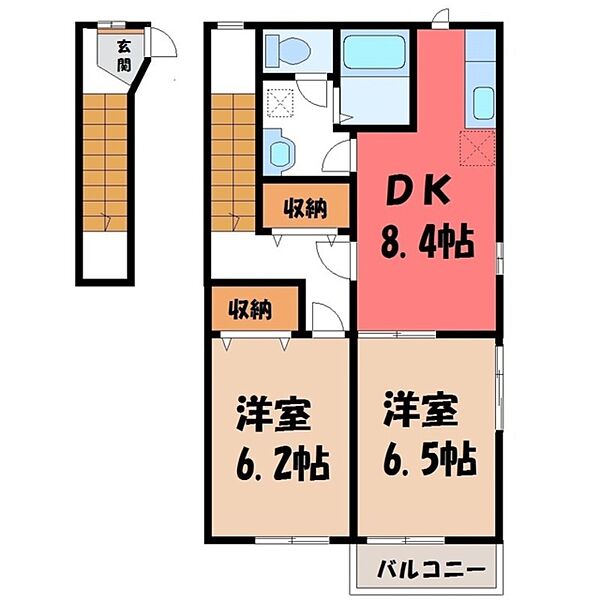 メゾンド・デニム A ｜栃木県宇都宮市下岡本町(賃貸アパート2DK・2階・54.66㎡)の写真 その2