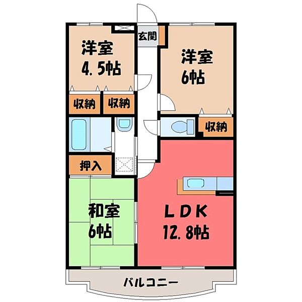 ロイヤルハイツ ｜栃木県宇都宮市下岡本町(賃貸マンション3LDK・3階・65.76㎡)の写真 その2