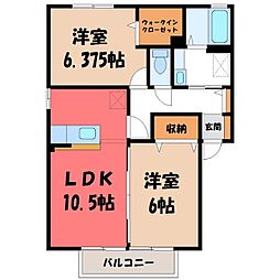 JR東北本線 小山駅 徒歩26分の賃貸アパート 2階2LDKの間取り