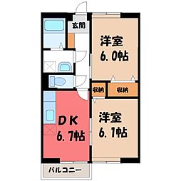 東武宇都宮線 新栃木駅 バス25分 福寿園入口下車 徒歩7分の賃貸アパート 2階2DKの間取り