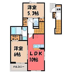 JR東北本線 石橋駅 バス13分 上三川病院下車 徒歩20分の賃貸アパート 2階2LDKの間取り