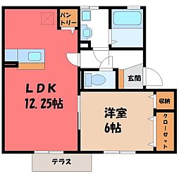 JR水戸線 結城駅 徒歩15分の賃貸アパート 1階1LDKの間取り