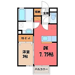 JR水戸線 小田林駅 徒歩35分の賃貸アパート 2階1DKの間取り