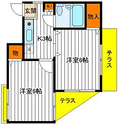 JR中央線 立川駅 徒歩10分の賃貸マンション 1階2Kの間取り