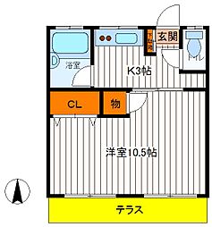 JR中央線 立川駅 徒歩15分の賃貸マンション 1階1Kの間取り