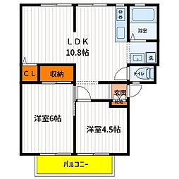 JR中央線 日野駅 徒歩11分の賃貸アパート 2階2LDKの間取り