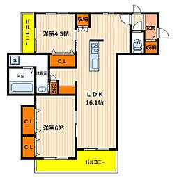 JR青梅線 拝島駅 徒歩8分の賃貸マンション 2階2LDKの間取り