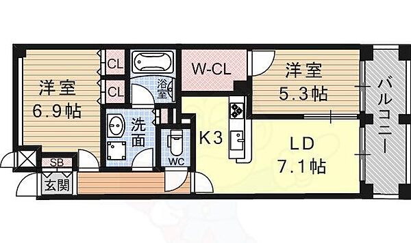 京都府京都市山科区東野片下リ町(賃貸マンション2LDK・7階・54.80㎡)の写真 その2