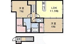 JR湖西線 堅田駅 徒歩10分の賃貸アパート 2階2LDKの間取り