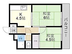 京都地下鉄東西線 御陵駅 徒歩5分の賃貸マンション 3階2Kの間取り