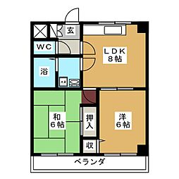 グリーンヒルズ上 2階2DKの間取り