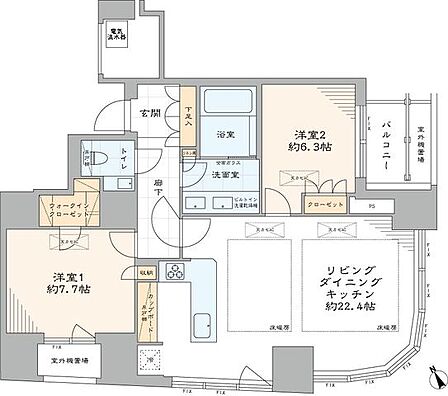 専有面積約86.53m2の角部屋・2LDK+WICの間取りです。大きな窓から、たっぷりの光を取り込んだ明るく開放的なお部屋です。