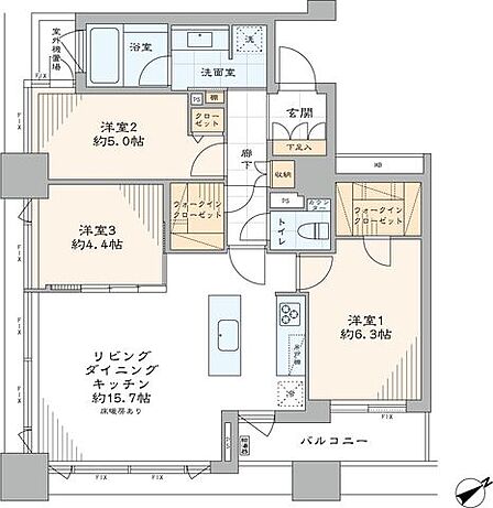 専有面積73.16m2・3LDK+2WICの間取りの角部屋です。通風・眺望が良好なお部屋です。横浜公園や横浜スタジアムを一望することができます。