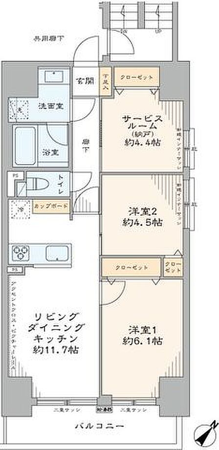専有面積60.37m2の2SLDKの間取りのお部屋です。東南向きで陽当たり良好です。室内新規リノベーション済みです。設備を一新し、給湯管も新規交換しました。