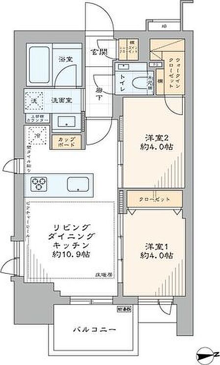 専有面積45.78m2・2LDK+WIC・SICの間取りのお部屋です。LDKは2面採光のため陽当たり・眺望良好です。給水管・給湯管に至るまで新規交換済みのため快適にお過ごしいただけます。