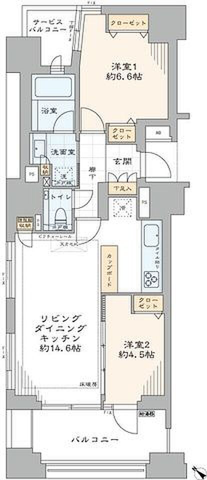 専有面積61.07m2・2LDKの間取りの南西角部屋です。室内新規リノベーション済みのため快適にお過ごしいただけます。