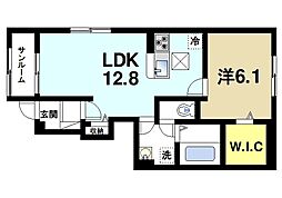 プラシード 1階1LDKの間取り